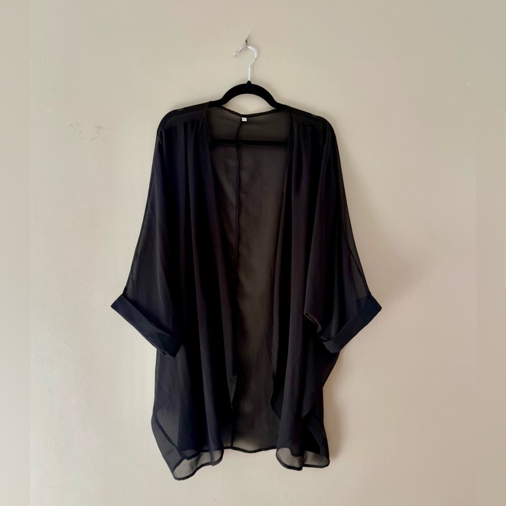 Plus Size Black Chiffon 3/4 Sleeve Kimono Duster - 2X